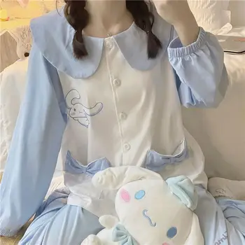 HelloKittys Pajama Set Kawaii Sanrio Cinnamoroll Koomiks Anime Tüdruk Süda Lahti Pikad Varrukad Vabaaja Püksid Homewear Mood Jope