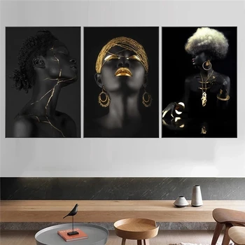 Moodne Must Kuldne Meik Aafrika Naine, Mudel, Plakatid Ja Pildid Lõuendile Maali Kohta, Skandinaavia Cuadros Seina Kunsti Pildid